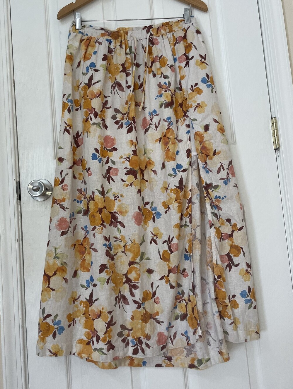 Abercrombie & Fitch Cream Linen Maxi Skirt with Yellow & Blue Floral Print M